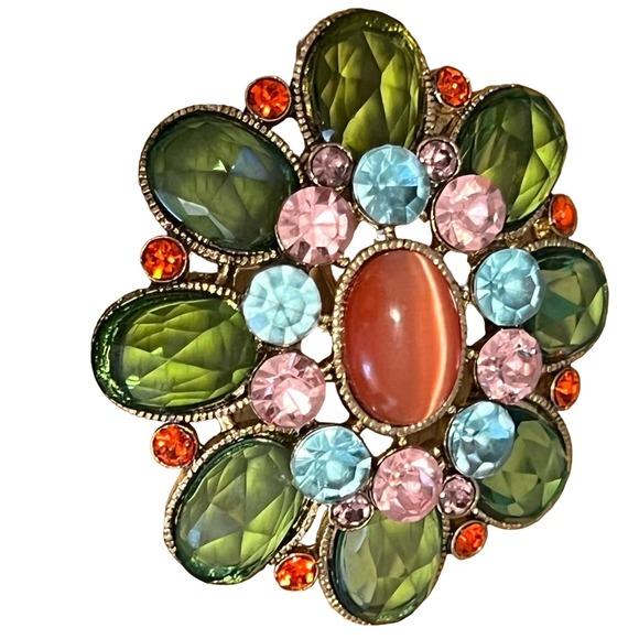 American Vintage Accessories - Vintage Brooch Green Orange Sparkle Gem Rhinestone Brass